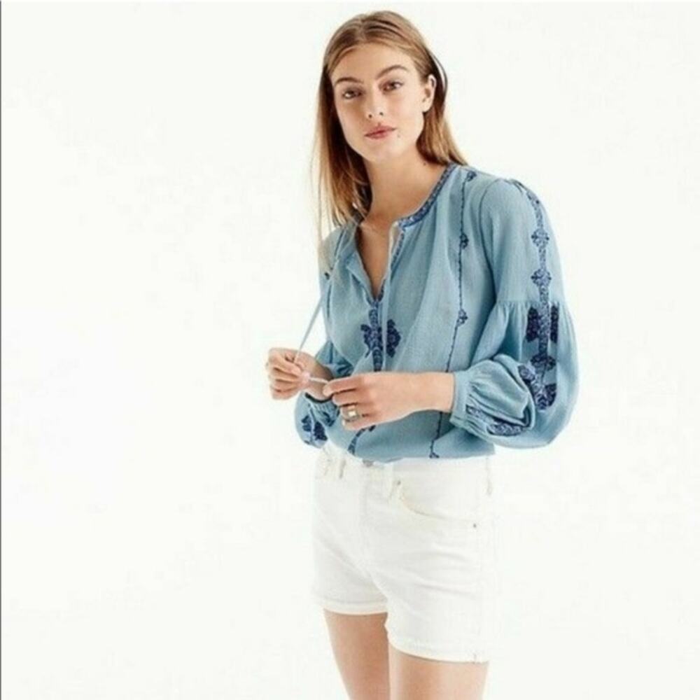 J.Crew Women's Blue Cotton Peasant Boho Tie Blouse Size 2